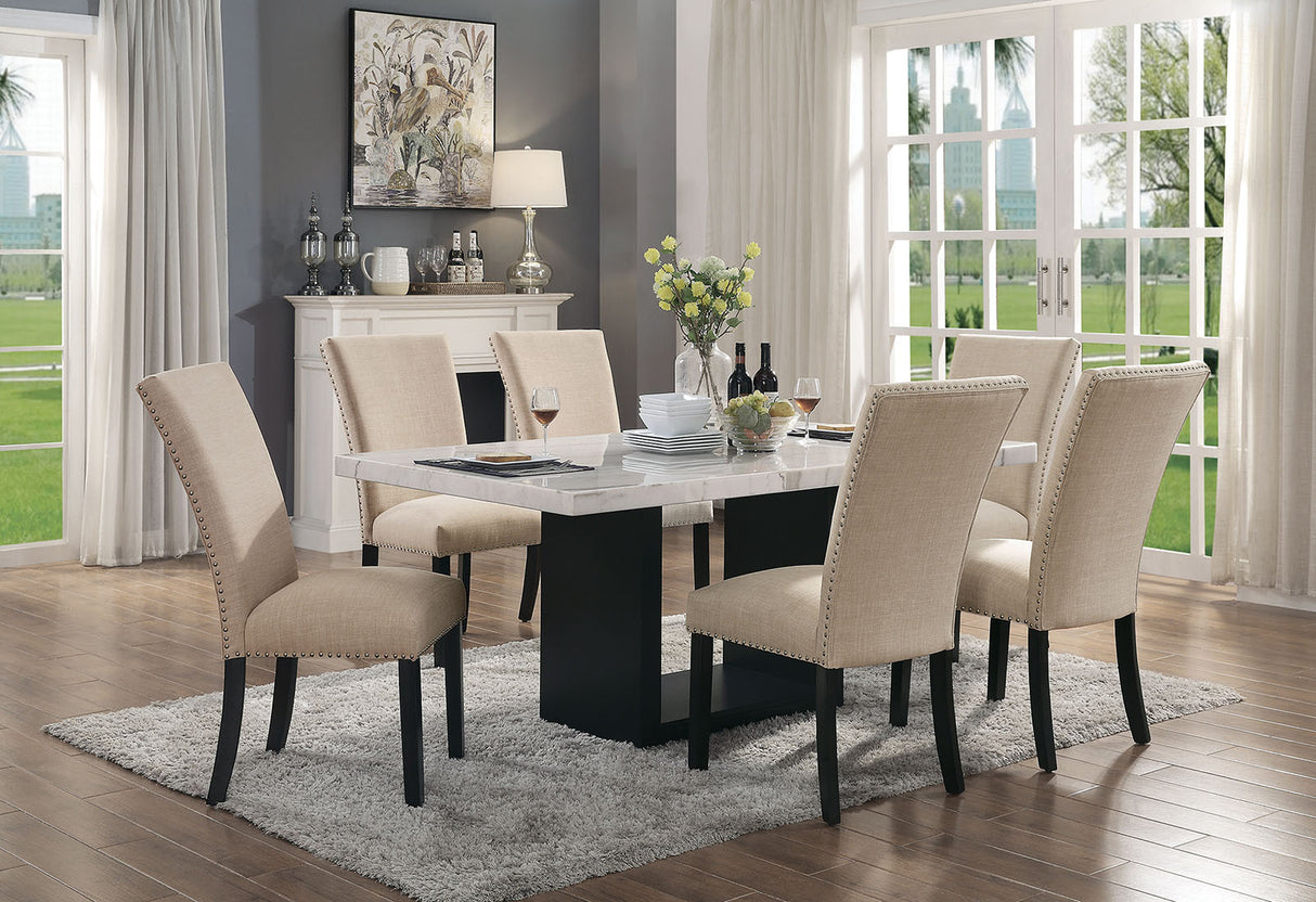Gorgeous Marble Top Table w 6x Side Chairs Beige Fabric Upholstered Chair Dining Room 7pc Set Black Wooden Furniture