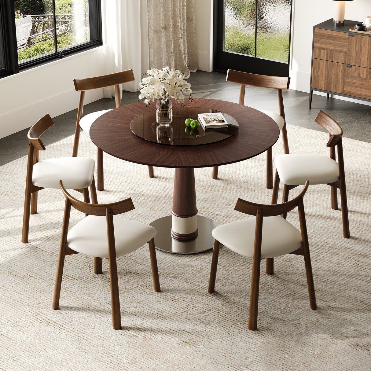 47 Inch Solid Wood Dining Table Set with 6 Chairs, Round Table with 23 Inch Tempered Glass Lazy Susan & Stainless Steel Base, Retro Kitchen Table Set for Home Restaurant Office