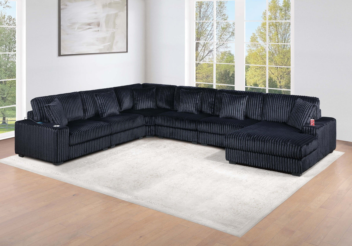 Contemporary Style 6-PC Modular Sectional Sofa Set Black Finish Corduroy Upholstered Living Room Plush Sofa Chaise Couch - sold by Home Elegance USA
