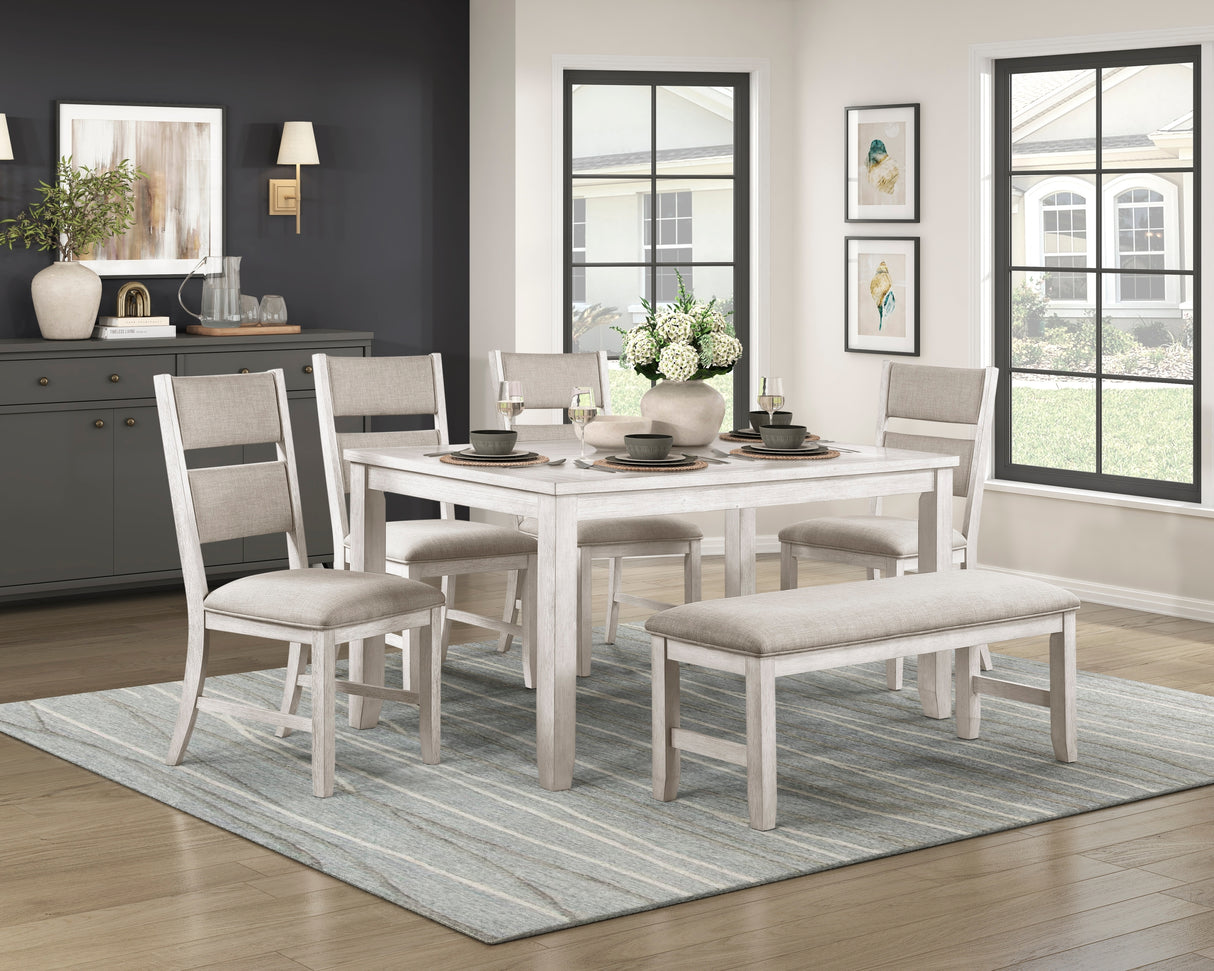 Modern Farmhouse 6pc Dining Set Table Bench 4x Side Chairs Upholstered Seat Antique White Finish Durable Wooden Furniture