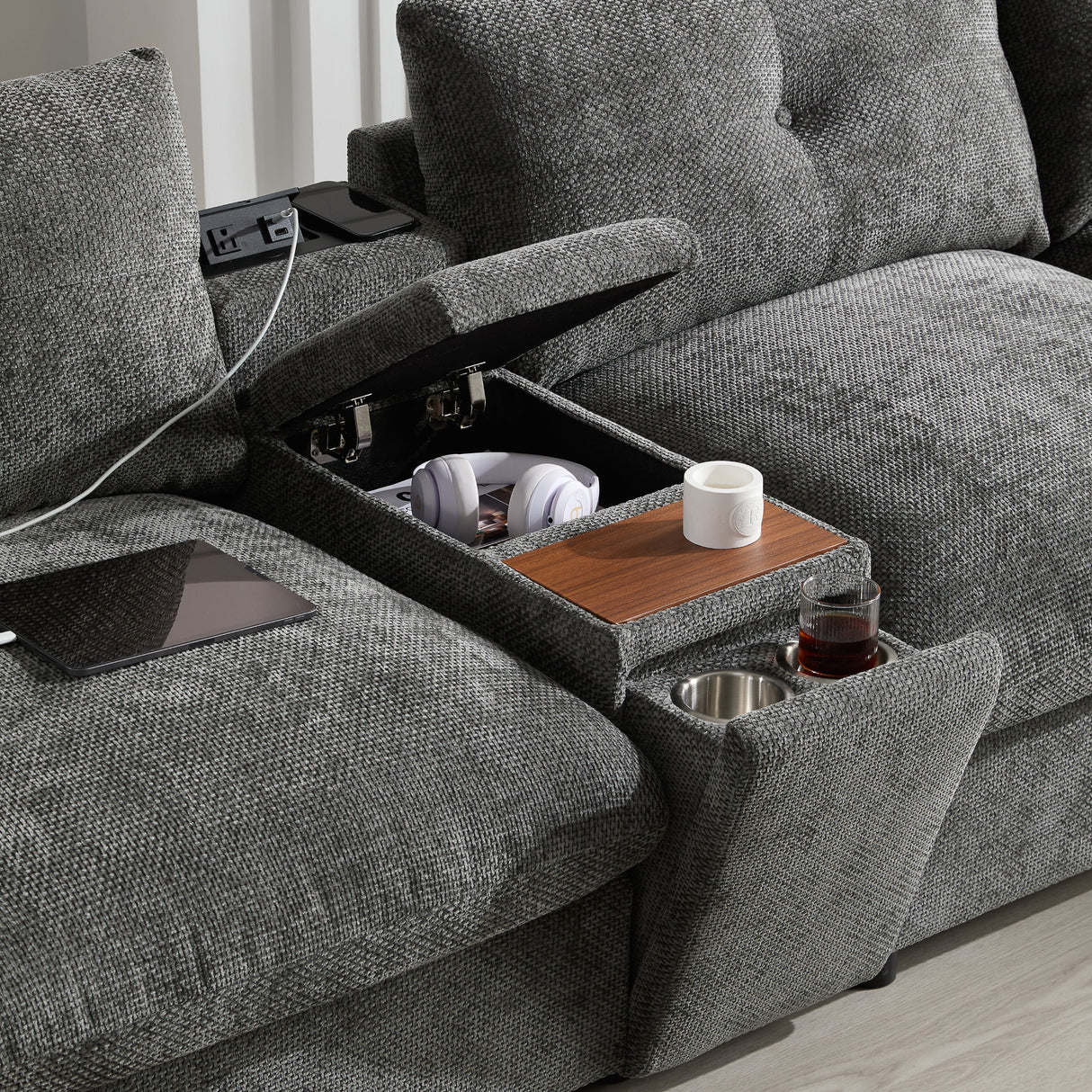 136'' Modular Sectional Sofa with Console, Cup Holder, USB Charger, Movable Storage Ottoman, Pull-line&Tufted Design, U-Shaped Oversized Chenille Sofa for Living Room&Apartment,2 Colors - sold by Home Elegance USA
