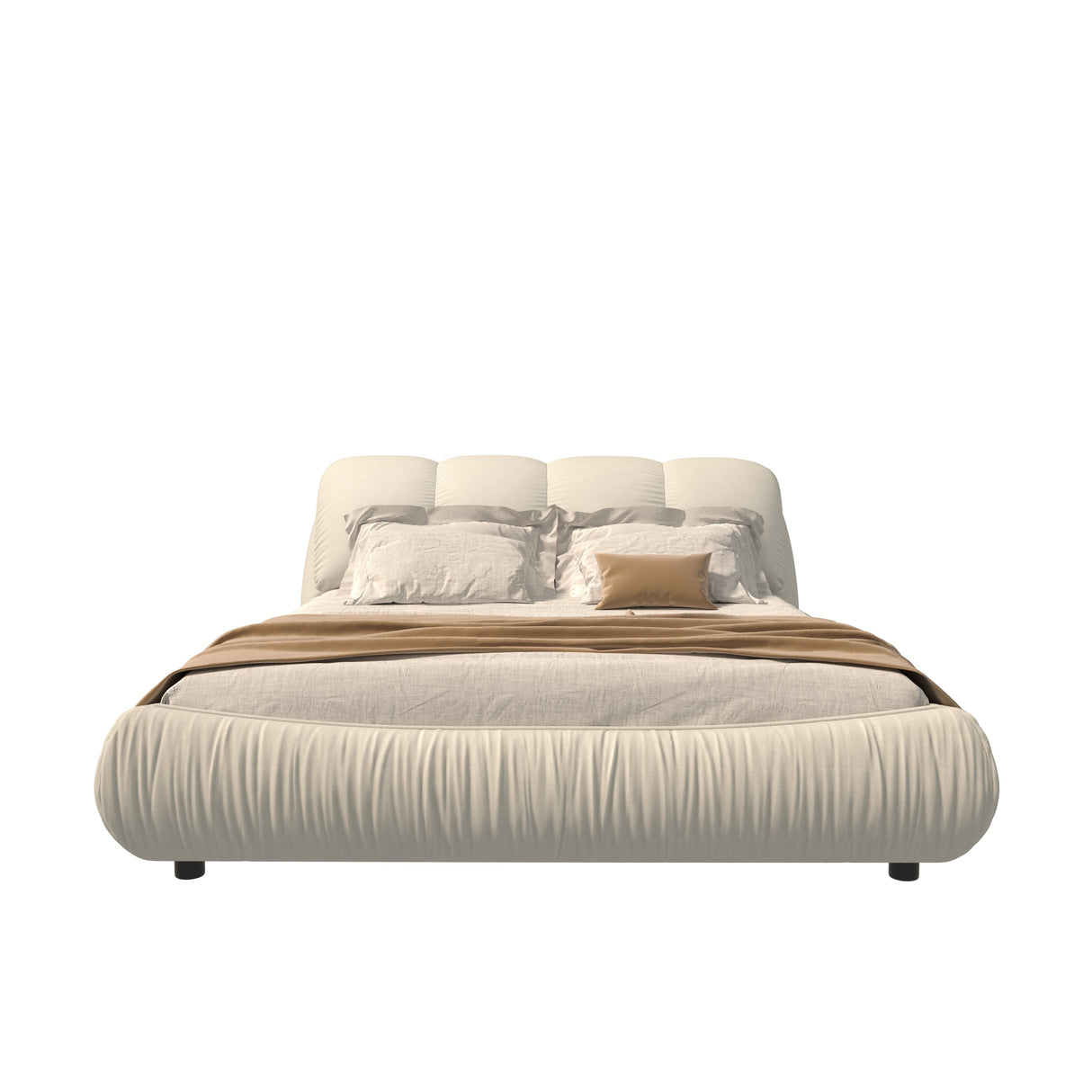 Queen Size Luxury Upholstered Platform Bed with Oversized Padded Backrest and Solid Wood Frame, Suitable for Multiple Heights of Mattresses, Beige