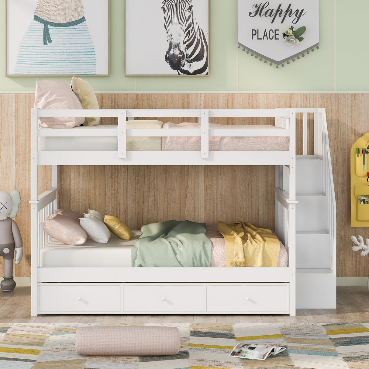 Stairway Full-Over-Full Bunk Bed with Drawer, Storage and Guard Rail for Bedroom, White(OLD SKU: LT100310AAK) - sold by Home Elegance USA