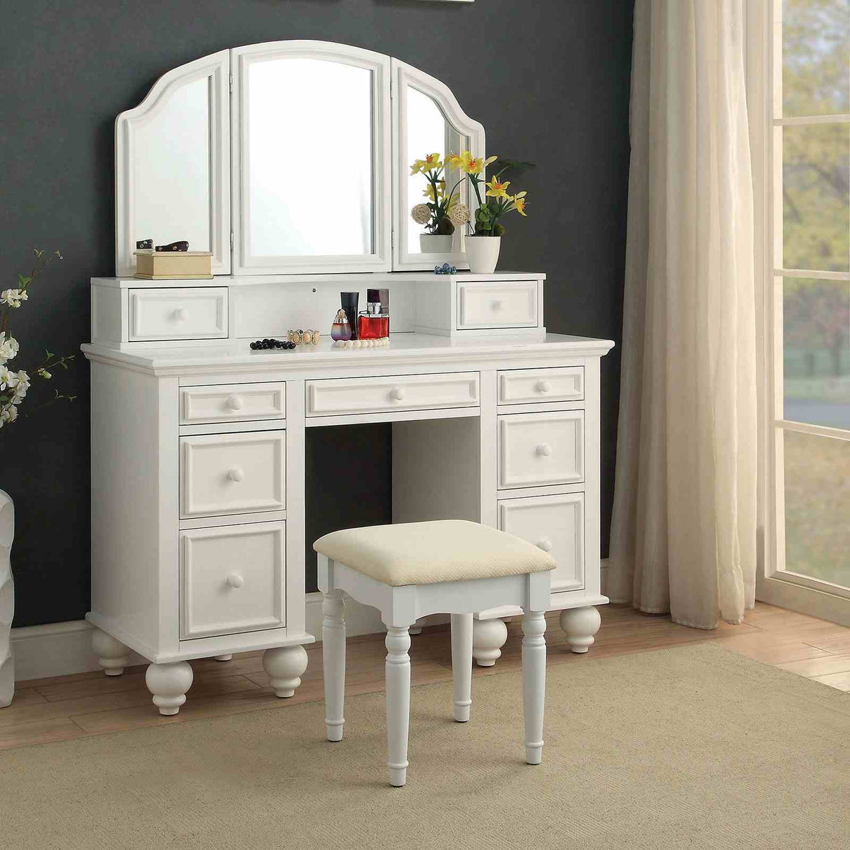 Transitional Style 1pc Vanity w/ Stool Set Knob Handles Storage Drawers 3-Sidded Mirror White Finish Bedroom Furniture