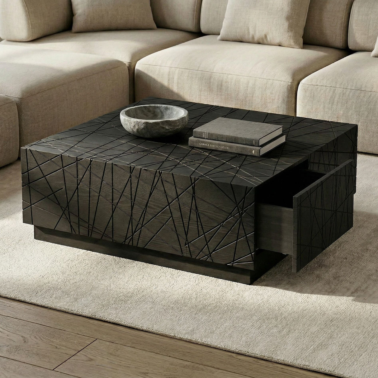 Modrest Kenda - Modern Black Oak Square Coffee Table With Storage