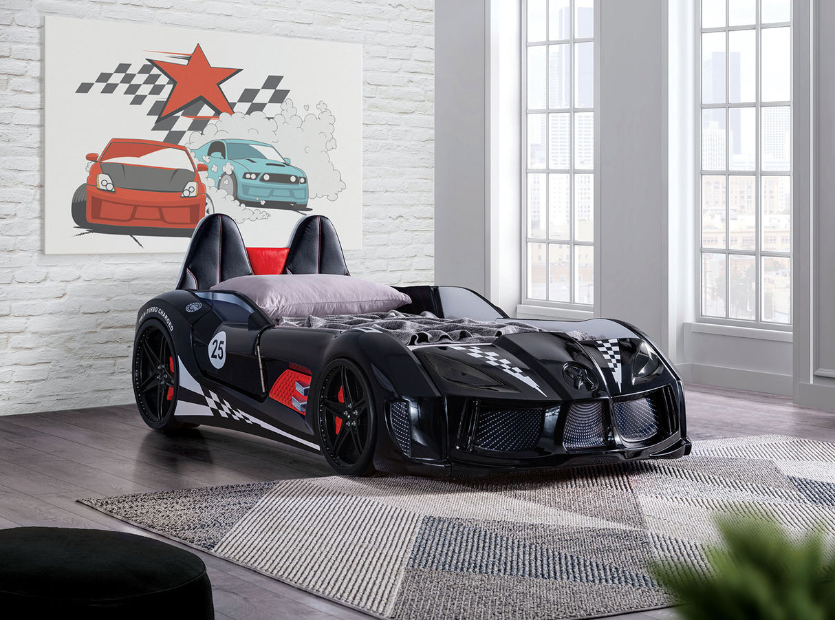 Modern Novelty Style Twin Size Bed Race Car Design Attached Two Magnetic Doors With LED Lights On Wheels And Bottom Upholstery Headboard Black Finish