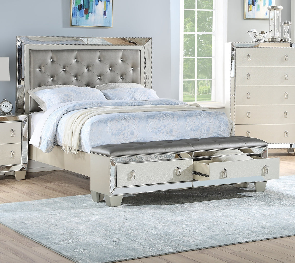 Glam Luxurious 1pc Queen Size Bed w Drawers Footboard Silver Mirror Accents Tufted Headboard Bedroom Furniture