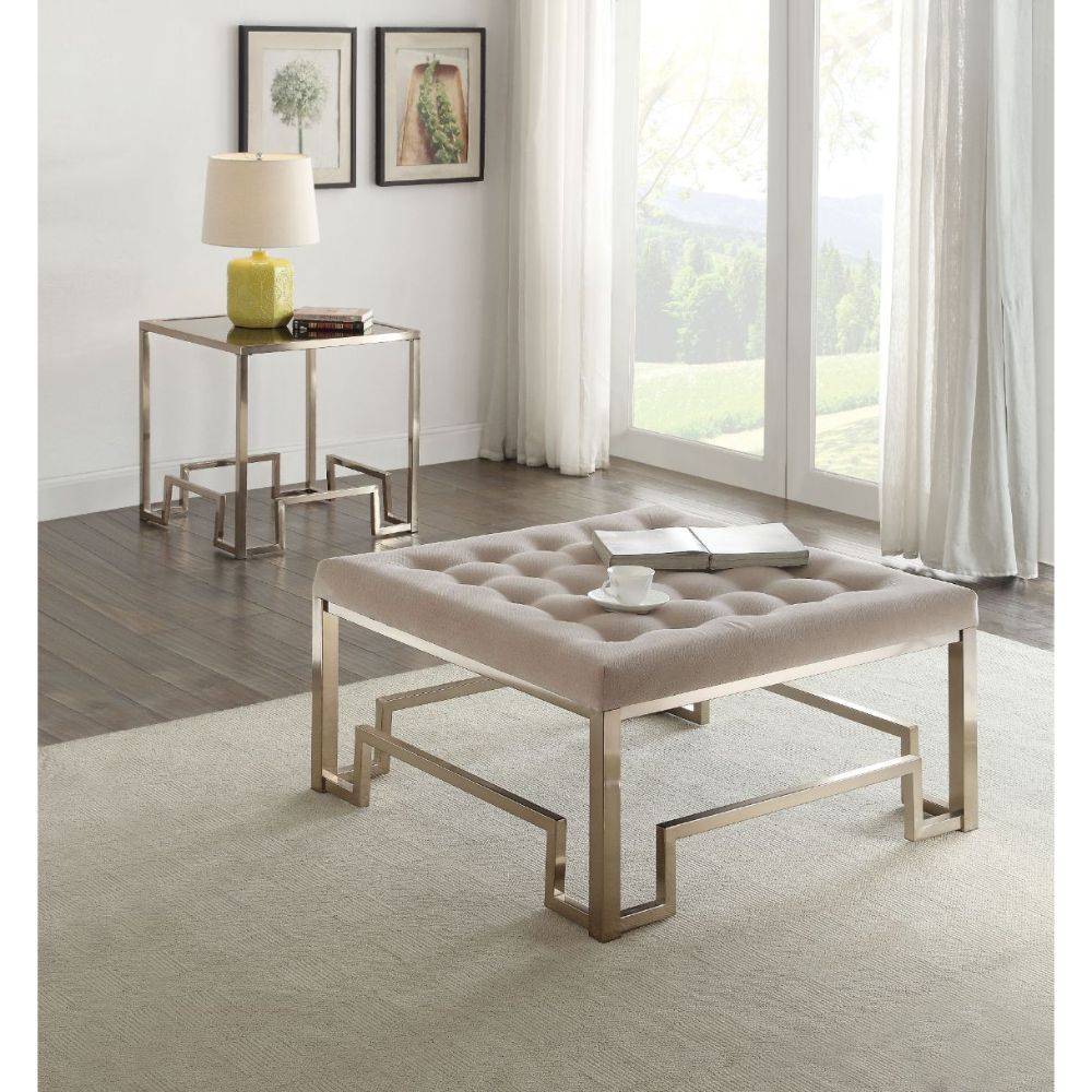 Damien Cocktail Ottoman 81625 Beige Fabric & Champagne Finish | Acme | Home Elegance USA