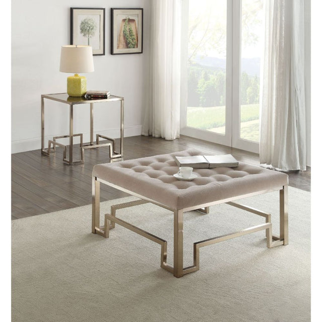 Damien Cocktail Ottoman 81625 Beige Fabric & Champagne Finish | Acme | Home Elegance USA