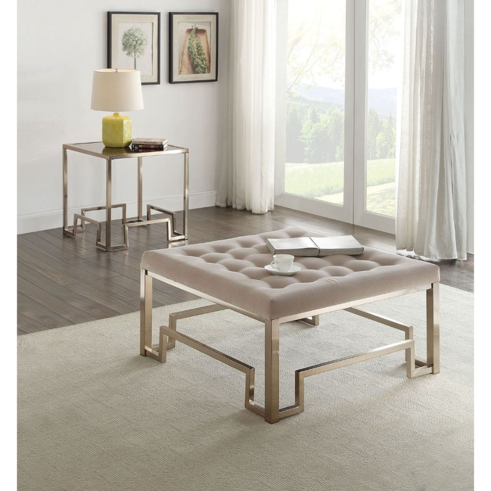 Damien Cocktail Ottoman 81625 Beige Fabric & Champagne Finish | Acme | Home Elegance USA