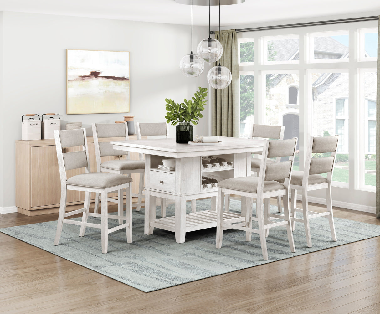 Juego de comedor de 7 piezas con altura de mostrador, mesa con acabado blanco antiguo, cajones de almacenamiento, estantes para vinos, 6 sillas y asiento tapizado.