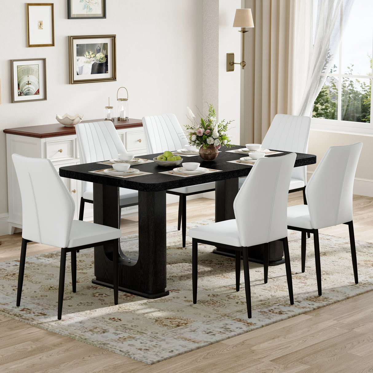 Juego de mesa y sillas. Elegante mesa de comedor de madera negra texturizada de 163 x 90 cm. Incluye 6 sillas de comedor de poliuretano blanco y negro con diseño de concha. Irradia un estilo moderno.
