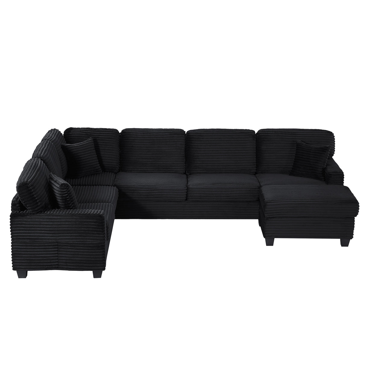 Upholstered U-shaped Sectional Sofa with Movable Ottoman and Side Storage Pockets in Black Corduroy, 125.2 inches