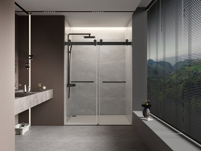 60" W x 76" H Double Sliding Frameless Soft - Close Shower Door with Premium 3/8 Inch (10mm) Thick Tampered Glass in Matte Black Stainless Steel 22D02 - 60MB | Home Elegance USA