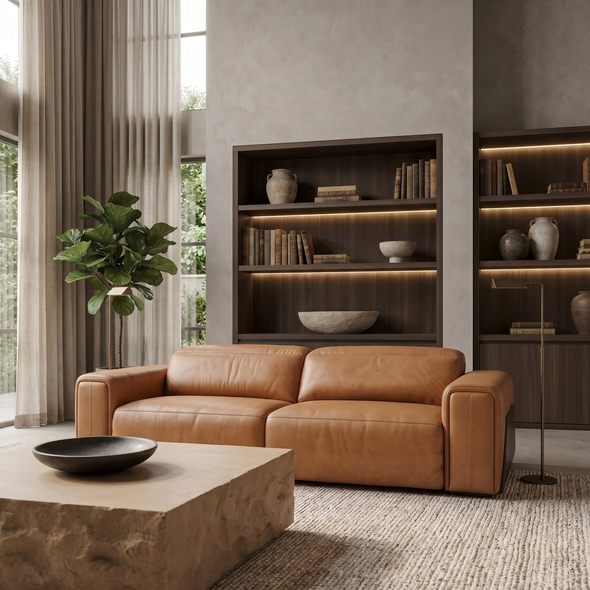 Sandstone - Modern Brown Leather Sofa w/ 2 Electric Recliners - View Image 1