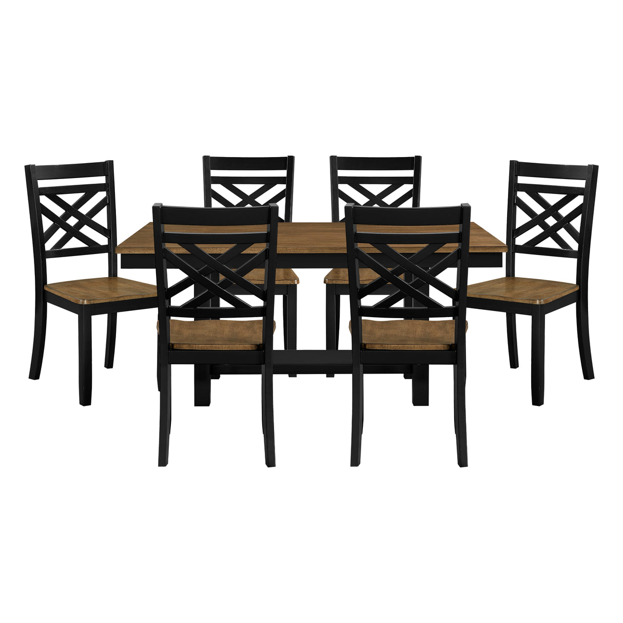 2-Tone Black Brown Finish 7pc Dining Set Table with Storage Shelf and 6x Side Chairs Modern Farmhouse Wooden Furniture