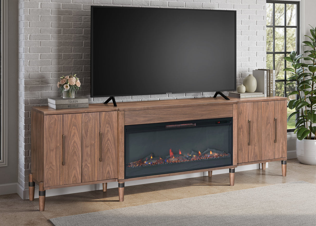 Tranquility 94 inch Fireplace TV Stand, for TVs up to 100 inches, Minimal Assembly, Walnut Finish - sold by Home Elegance USA