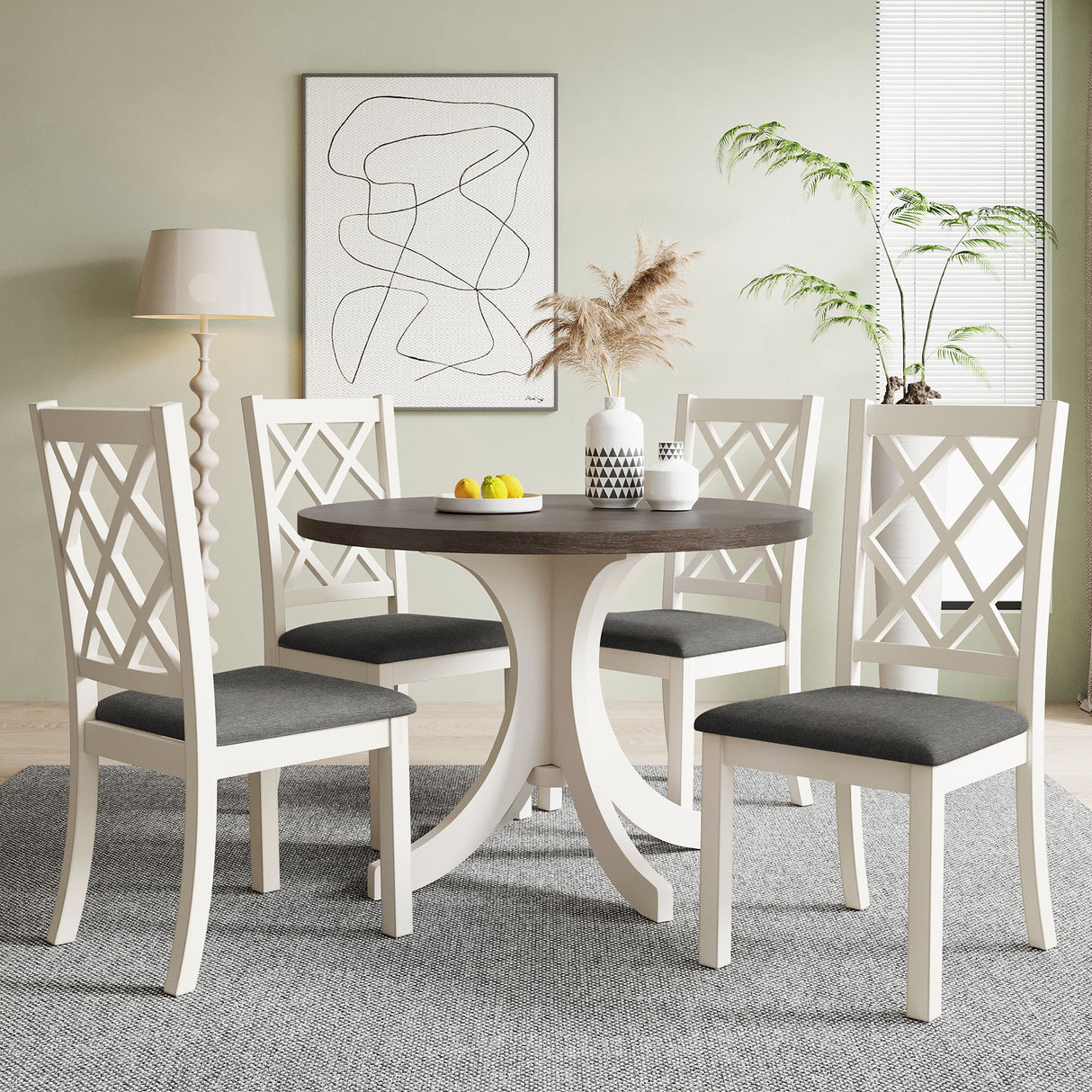 Juego de comedor redondo TOPMAX de 5 piezas de madera maciza de mediados de siglo, con sillas tapizadas para espacios pequeños, mesa marrón y silla gris (sku anterior: SH000226AAE)