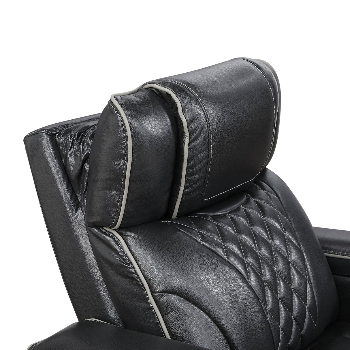 Black leather adjustable headrest with quilted design and headrest on a white background