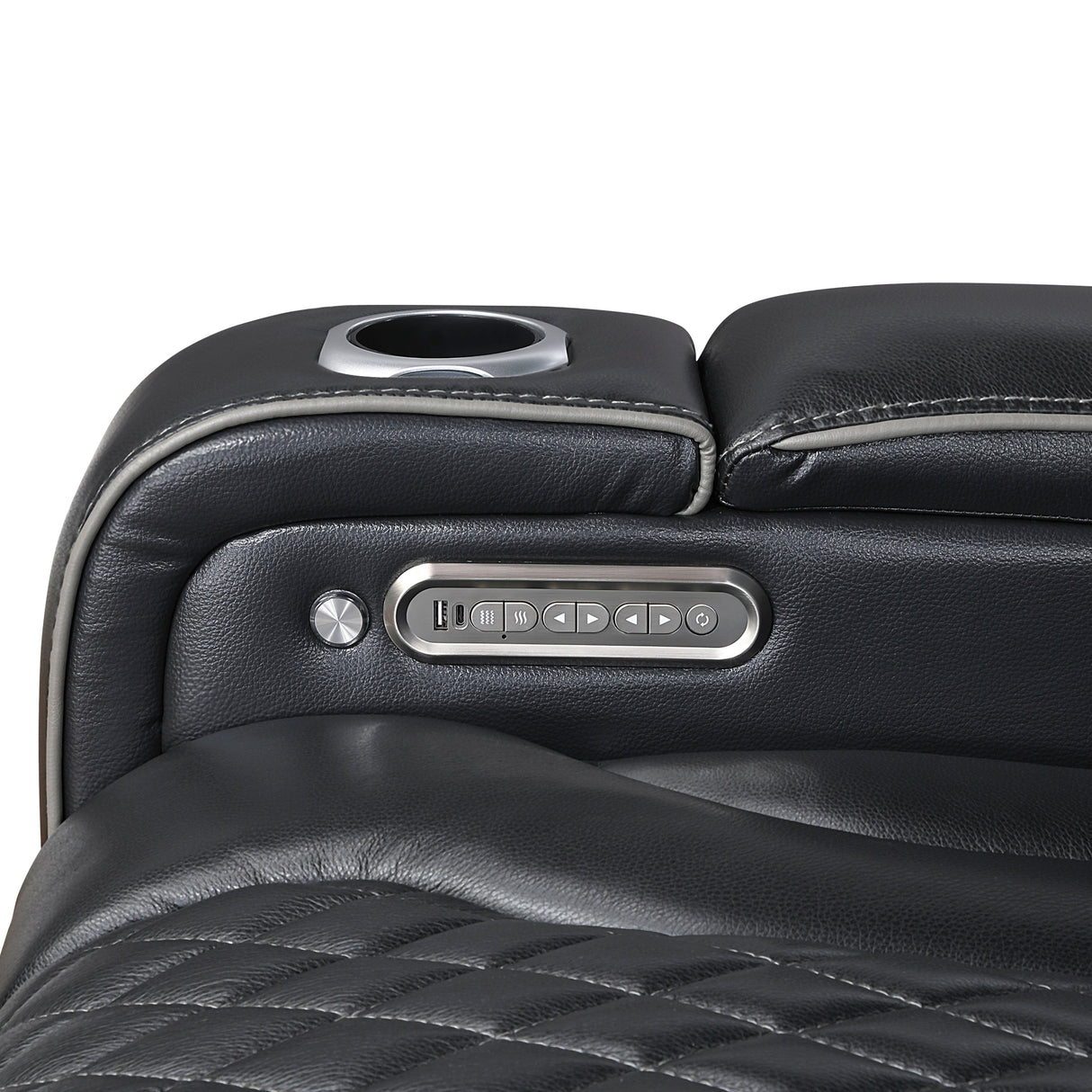 Close-up of a black leather recliner with control panel and cup holder on a white background