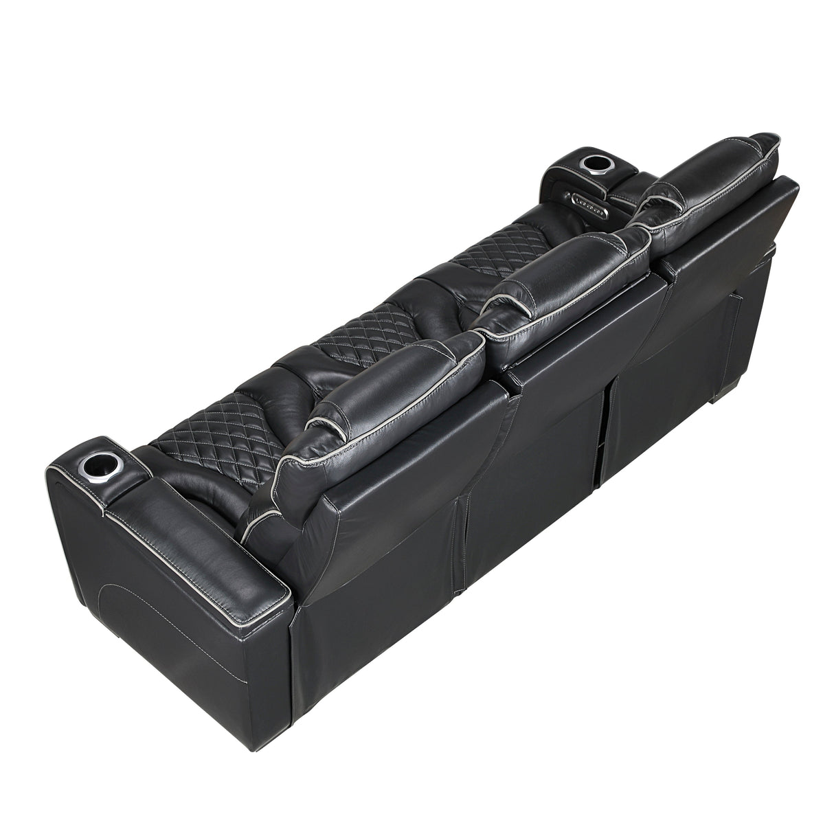 Black reclining sofa angled back view on a white background