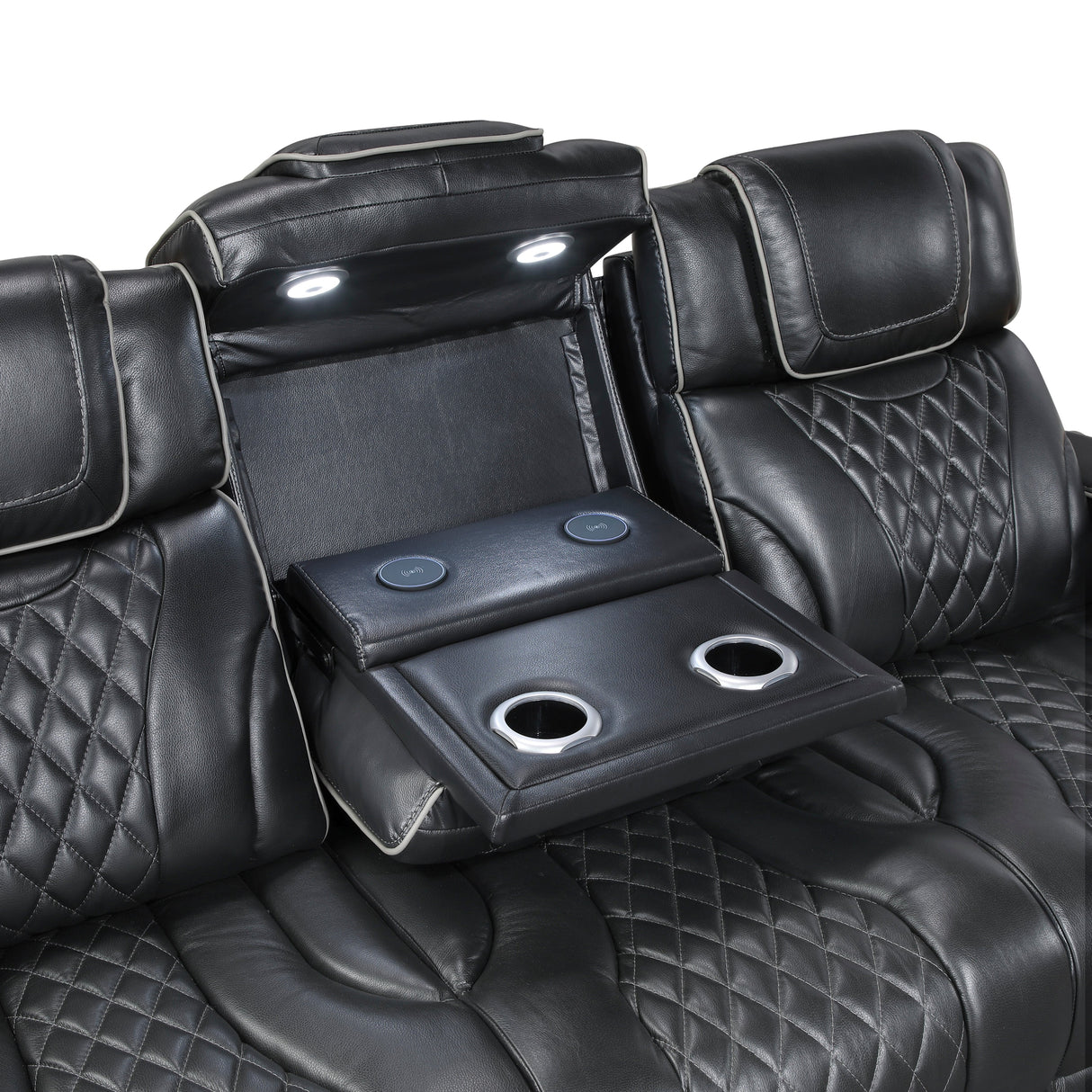 Black leather reclining sofa with cup holders and armrests on a white background