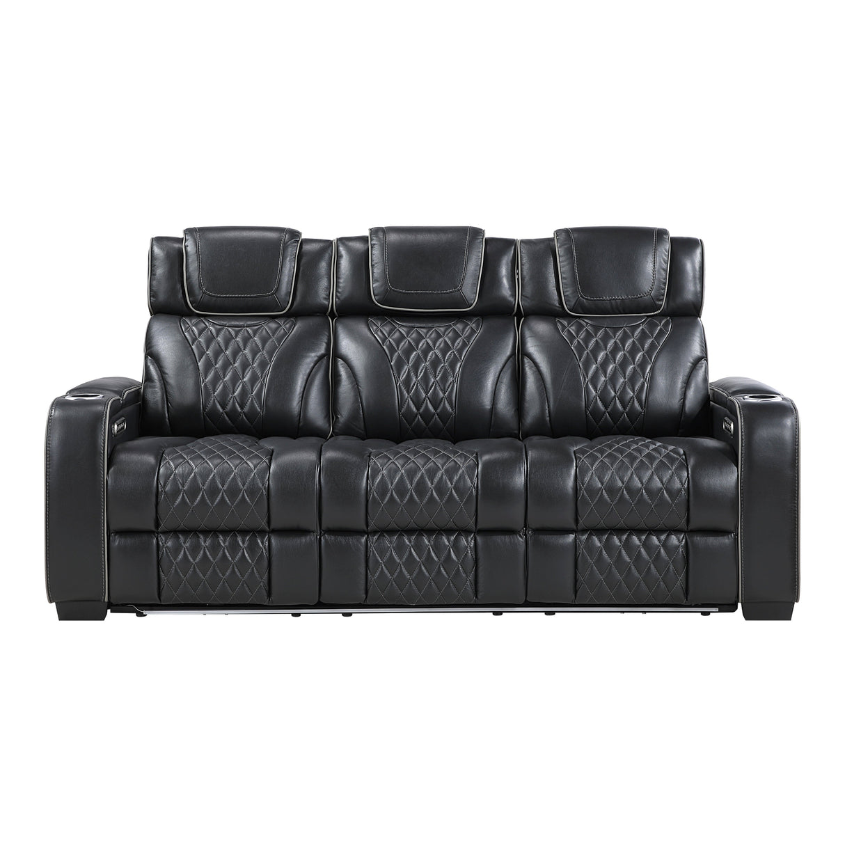 Black leather recliner sofa with quilted pattern on a white background