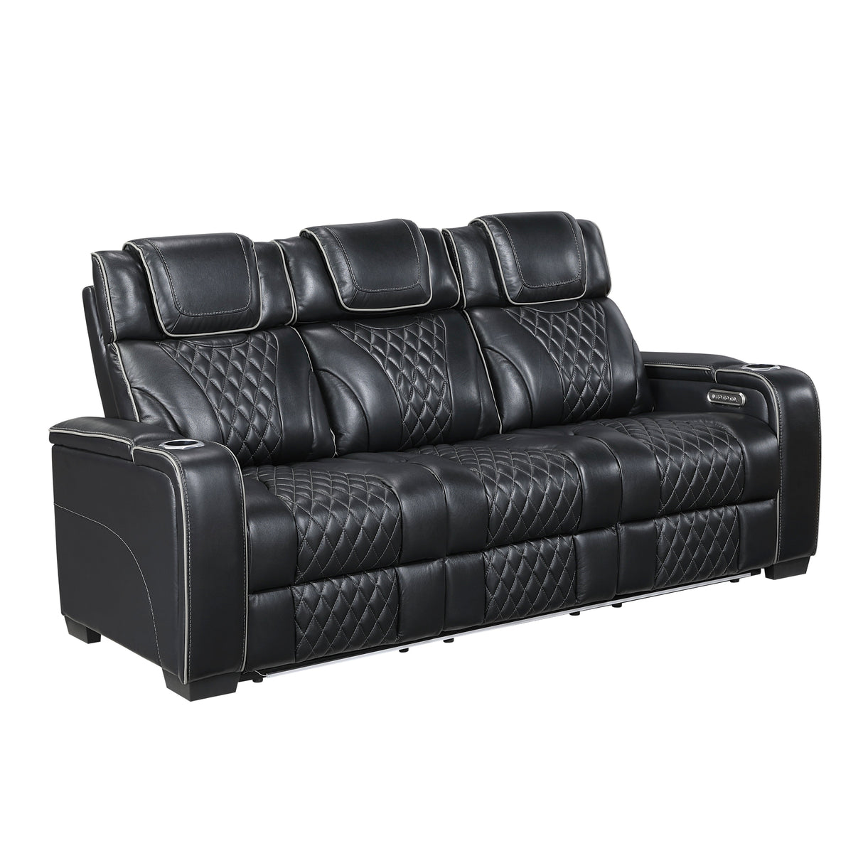 Black leather reclining sofa with quilted design on a white background