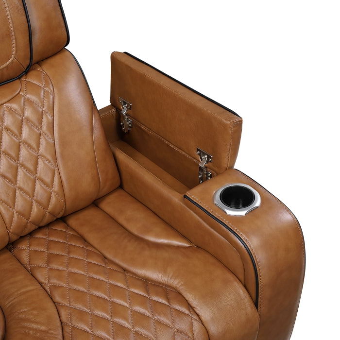 Brown leather car seat with armrest and cup holder on a white background