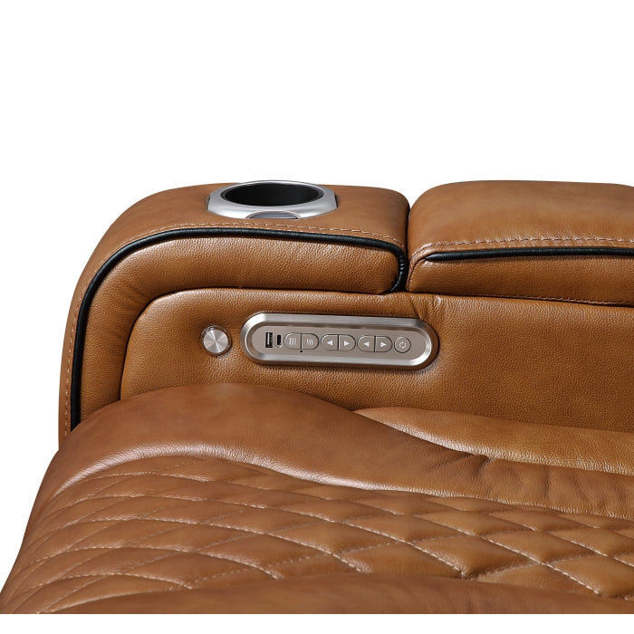 Close-up of a brown leather recliner with control panel and cup holder.