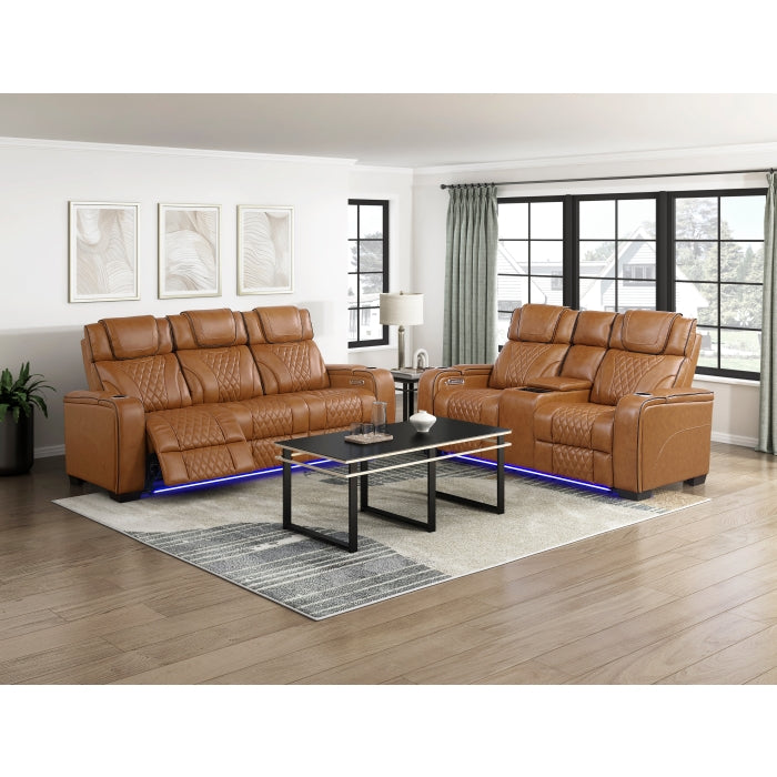 Brown leather sofa set in a living room with a coffee table and decor.