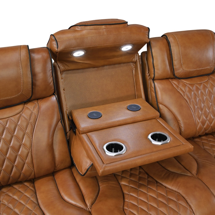 Brown leather reclining sofa with cup holders and armrests on a white background