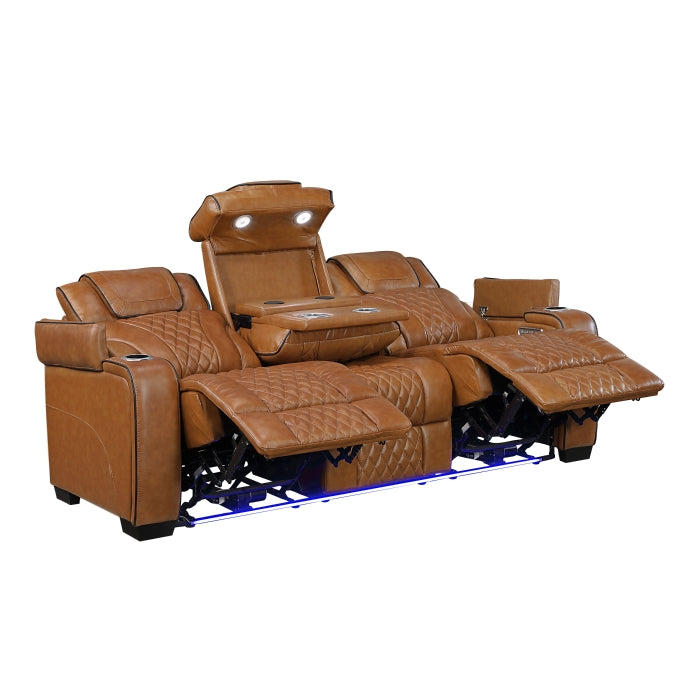 Brown leather recliner theater seats on a white background