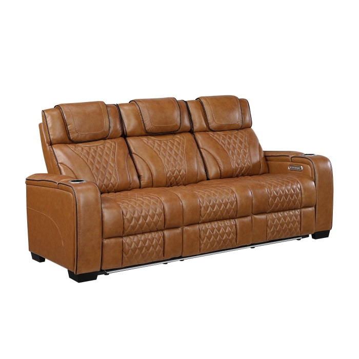 Brown leather sofa with quilted pattern on a white background