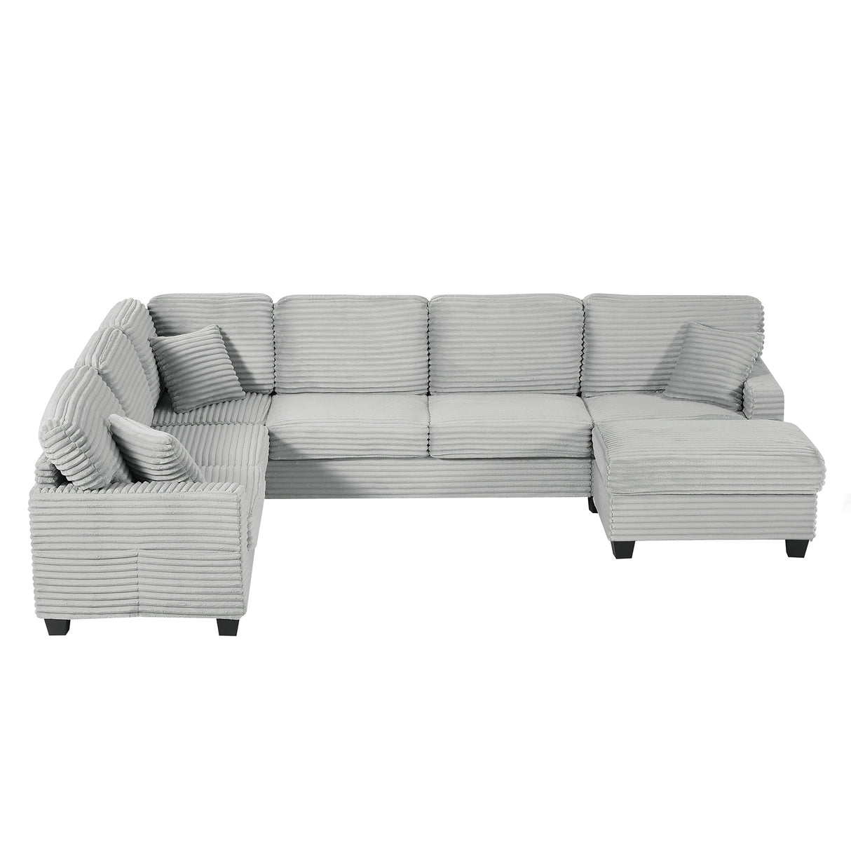 Modern U-shaped Sectional Sofa with Movable Ottoman and Side Storage Pockets, Grey Corduroy, 125.2'