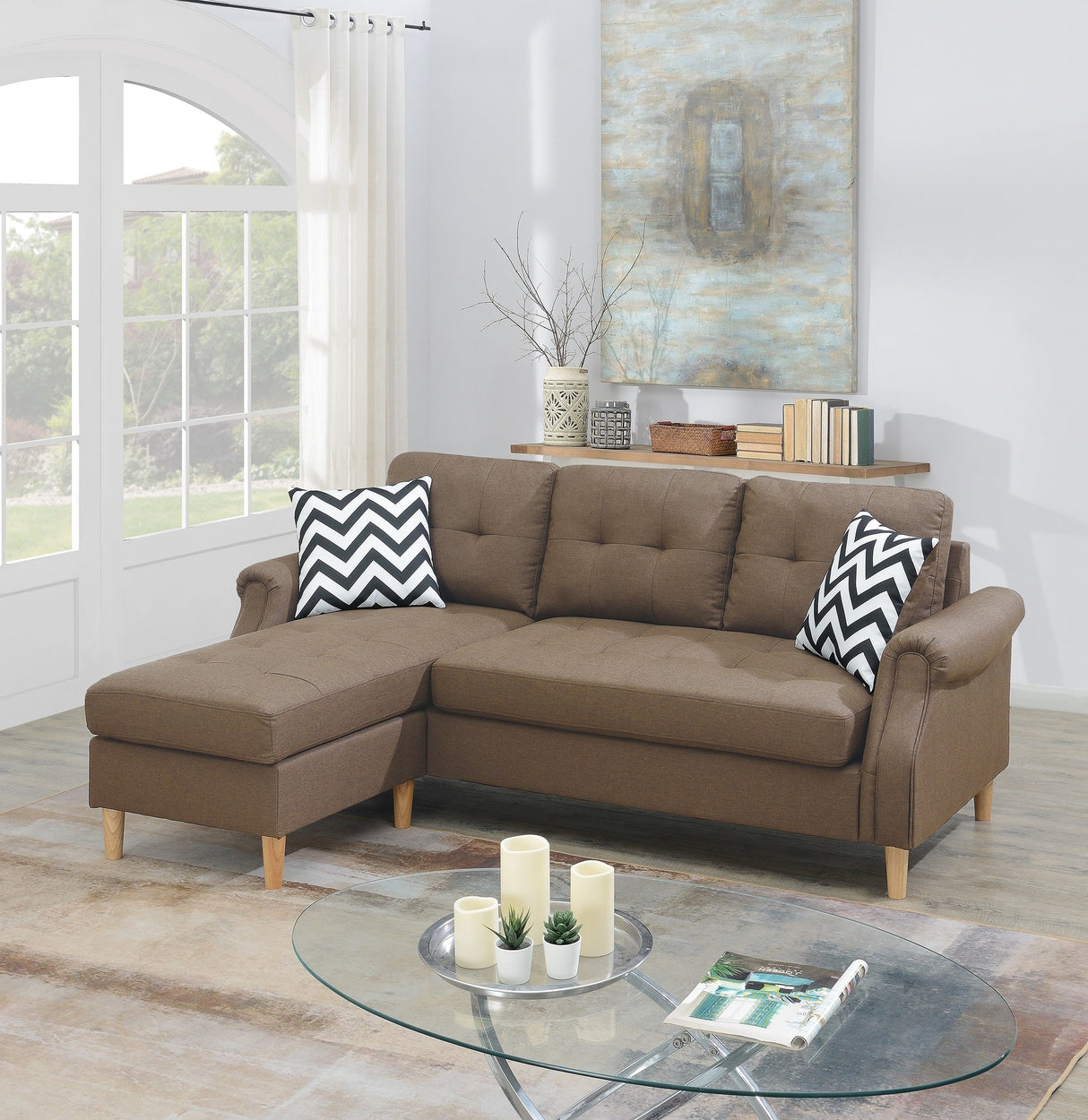 Living Room Corner Sectional Light Coffee Polyfiber Chaise sofa Reversible Sectional - sold by Home Elegance USA