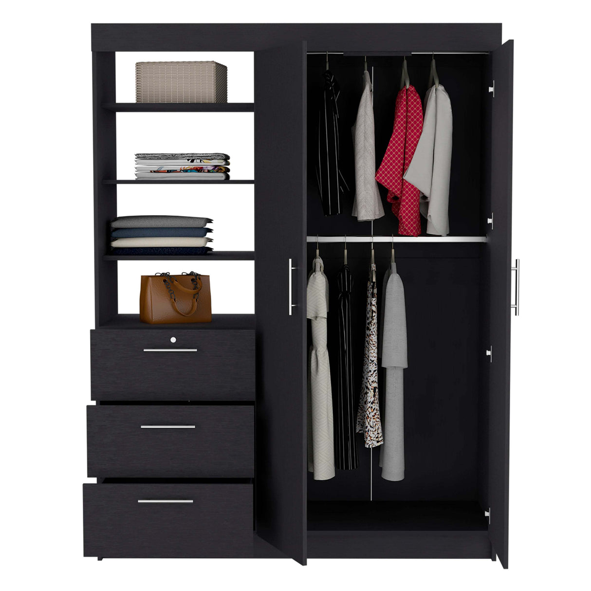 Kenya 3 Drawers Armoire, Double Door, 3-Tier Shelf -Black - sold by Home Elegance USA