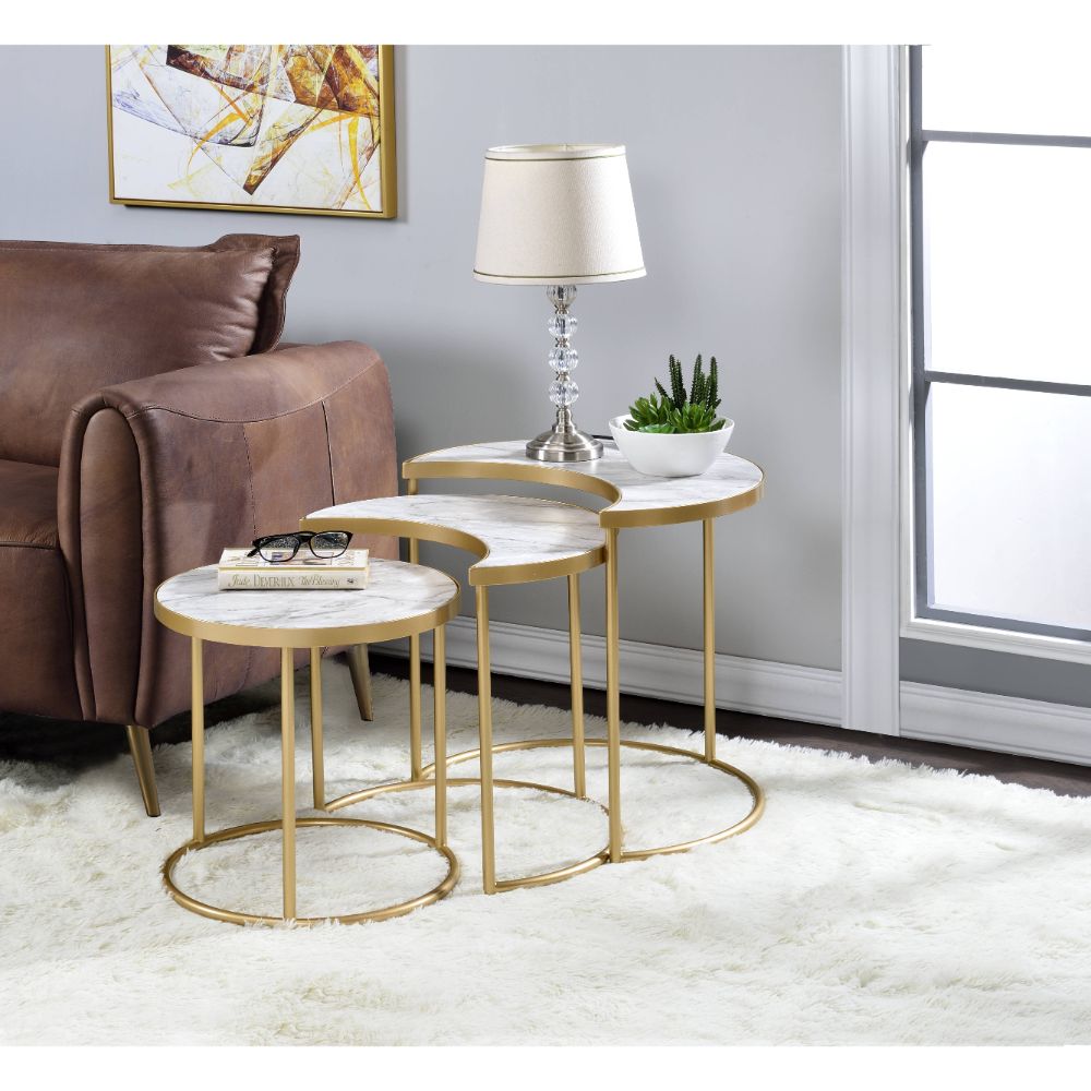 Anpay Nesting Table Set 85390 Faux Marble Top & Gold Finish | Acme | Home Elegance USA