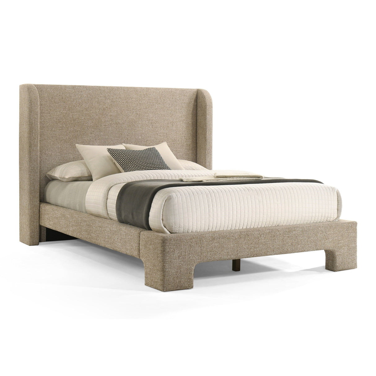 Eastern King Emilio - Modern Beige Fabric + Burlap + Walnut 4-Piece Bedroom Set