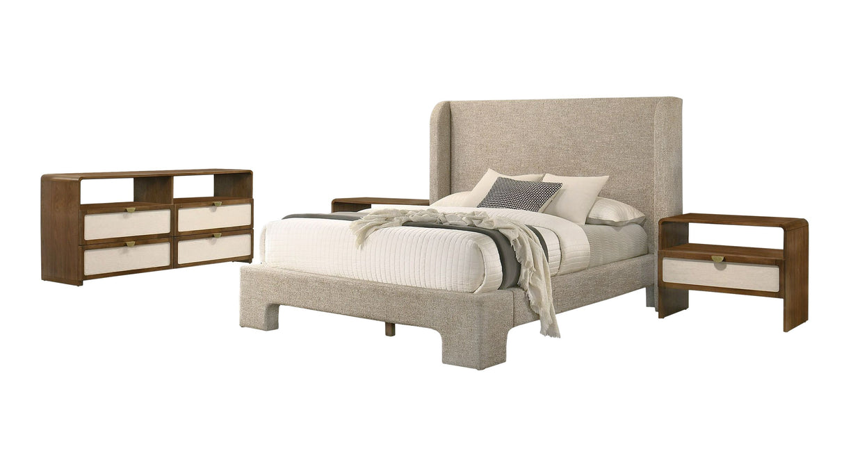 Eastern King Emilio - Modern Beige Fabric + Burlap + Walnut 4-Piece Bedroom Set