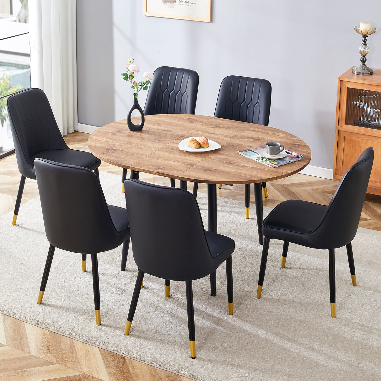 Juego de mesa y sillas.Mesa de comedor moderna extensible de madera MDF.La mesa tiene un diseño telescópico, adecuado para reuniones de diferentes tamaños.Combina con 6 sillas con cojines de PU y patas de metal negro.