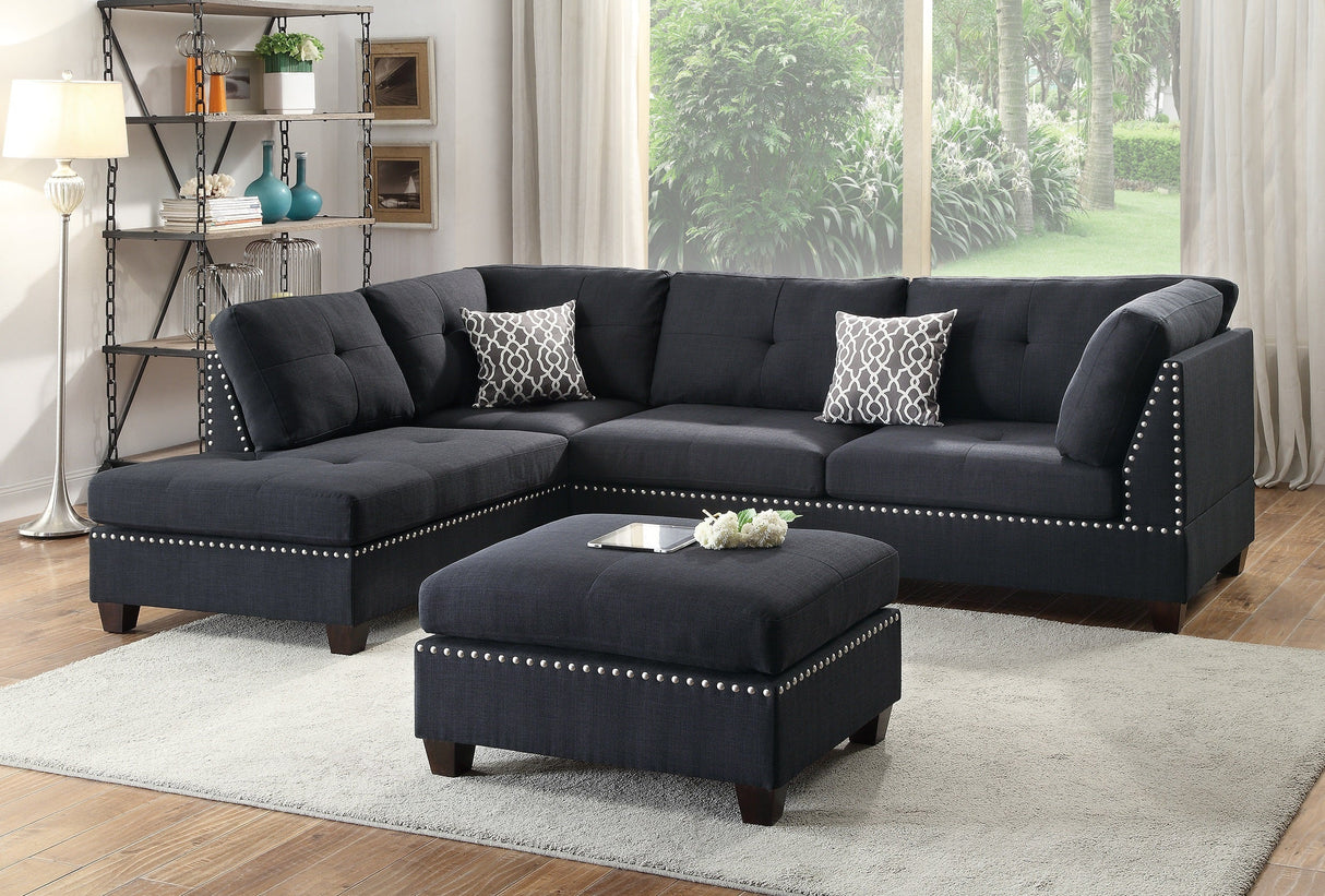 3-pcs Sectional Sofa Black Polyfiber Cushion Sofa Chaise Ottoman Reversible Couch Pillows - sold by Home Elegance USA