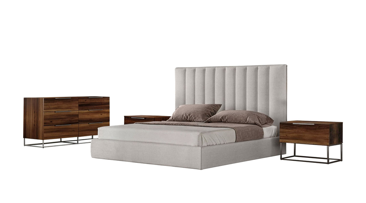 Eastern King Valhalla + Lorenzo - Modern White Fabric + Light Oak 4-Piece Bedroom Set