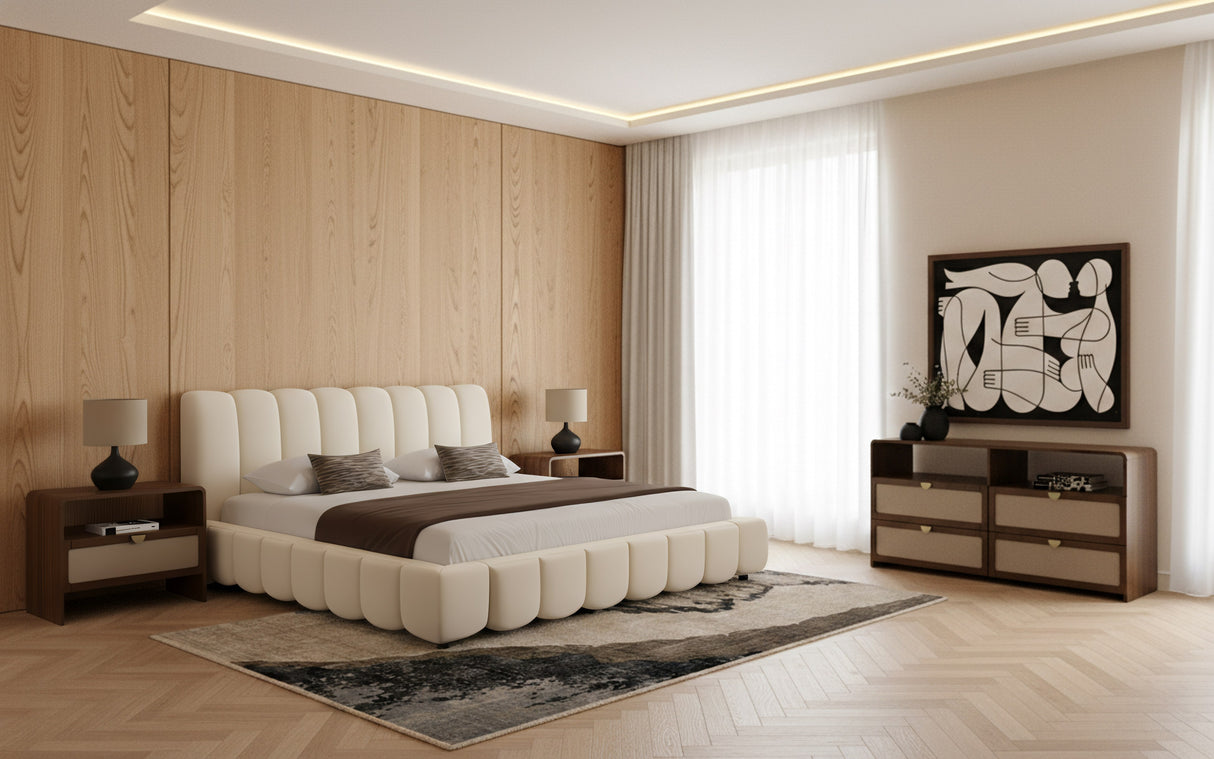 Eastern King Harris + Emilio - Modern Off-White Fabric + Burlap + Walnut 4-Piece Bedroom Set - View Image 1