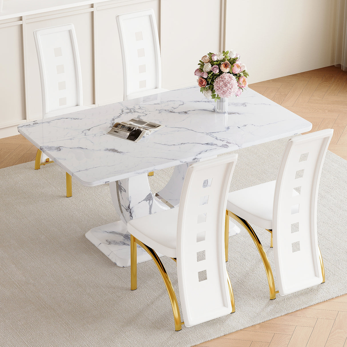 Table and chair set.Modern Luxury Grayish White Marble Patterned Dining Table Set - 63'x37' with 4 PU Chair With White Saddleback, Geometric Pattern Backrest,Golden Curved Metal Leg.