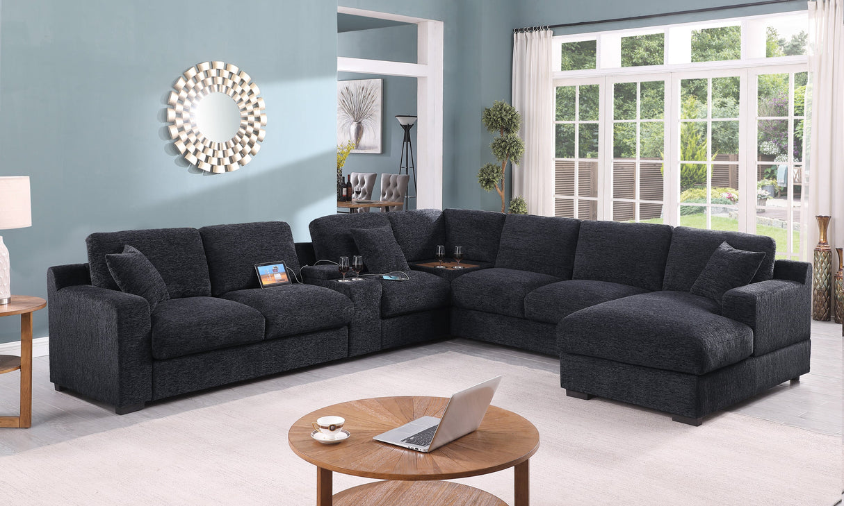 Celine 141.5' Dark Gray Chenille Fabric Corner Sectional Sofa with Right-Facing Chaise, Cupholders, and Charging Ports - sold by Home Elegance USA