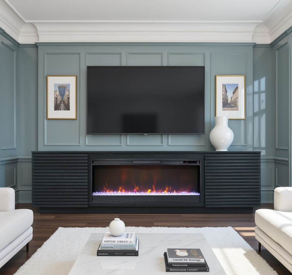 Soporte de TV con chimenea de 89 pulgadas para televisores de hasta 100 pulgadas, acabado negro