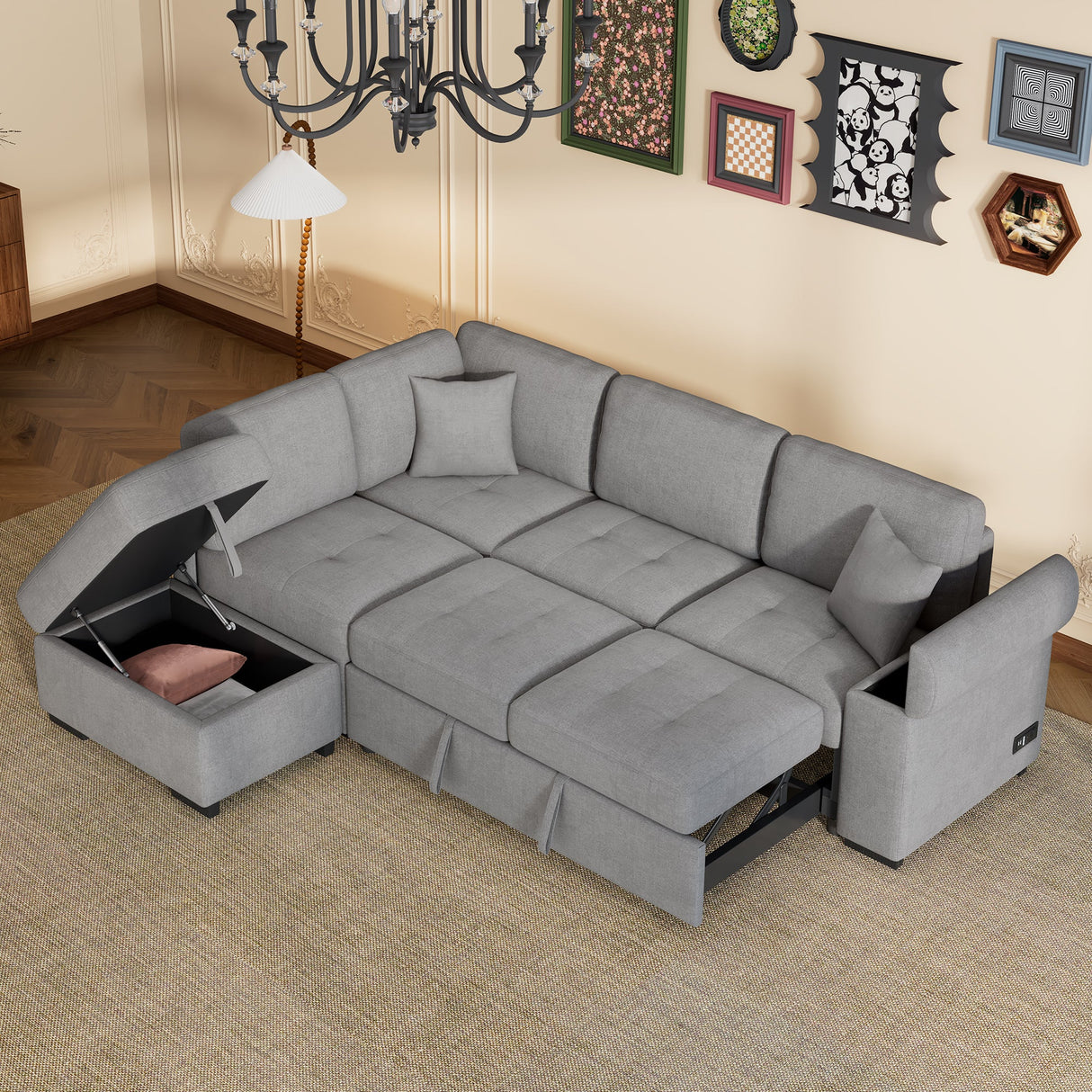 Sleeper Sectional Sofa, L-Shape Corner Couch Sofa-Bed with Storage Ottoman & Hidden Arm Storage & USB Charge for Living Room Apartment, Gray - sold by Home Elegance USA