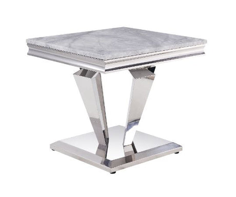 Acme - Satinka End Table 87219 Light Gray Printed Faux Marble Top & Mirrored Silver Finish