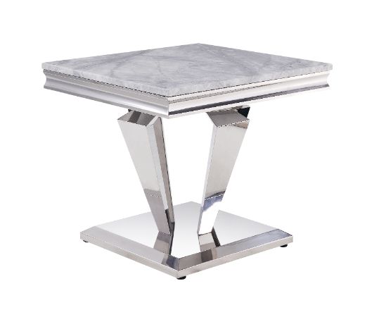 Acme - Satinka End Table 87219 Light Gray Printed Faux Marble Top & Mirrored Silver Finish